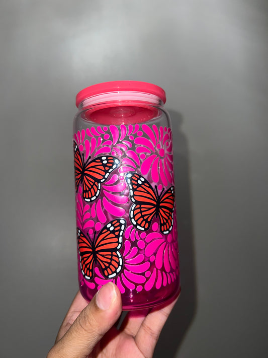 Pink Butterfly Ombre Glass Tumbler