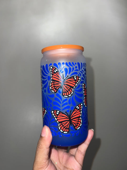 Blue and Orange Butterfly Glass Tumbler