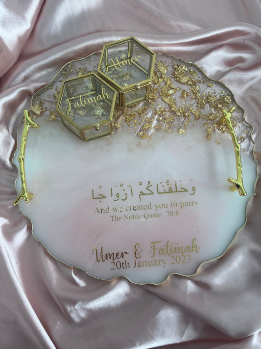 Large Marbled Ring Tray With Gold hexagon Ring Boxes |Wedding | Engagement | Nikkah