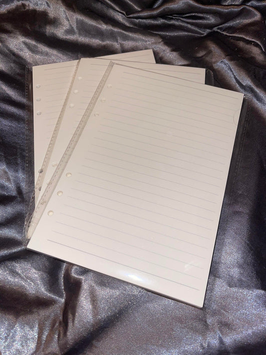 A5 refillable ivory lined paper. 90 pages of 100gsm paper. Great for 6 holed notebooks e.g. filofax or resin notebooks.