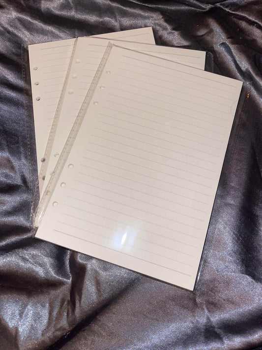 A5 refillable ivory lined paper. 90 pages of 100gsm paper. Great for 6 holed notebooks e.g. filofax or resin notebooks.