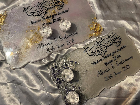 Rectangle custom geode resin ring plate with two ring holders | Nikkah | Wedding | Personalise | Gift | Bespoke | Home decor | Vanity Tray