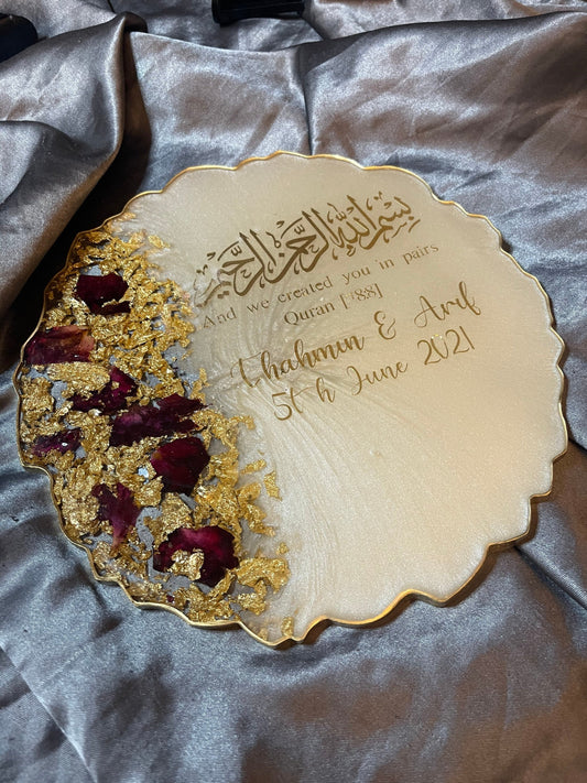 Large Round custom resin ring plate with two ring holders | Nikkah | Wedding | Personalise | Gift | Bespoke | Luxury | Home | Vanity Tray