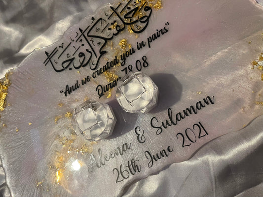 Rectangle custom geode resin ring plate with two ring holders | Nikkah | Wedding | Personalise | Gift | Bespoke | Home decor | Vanity Tray