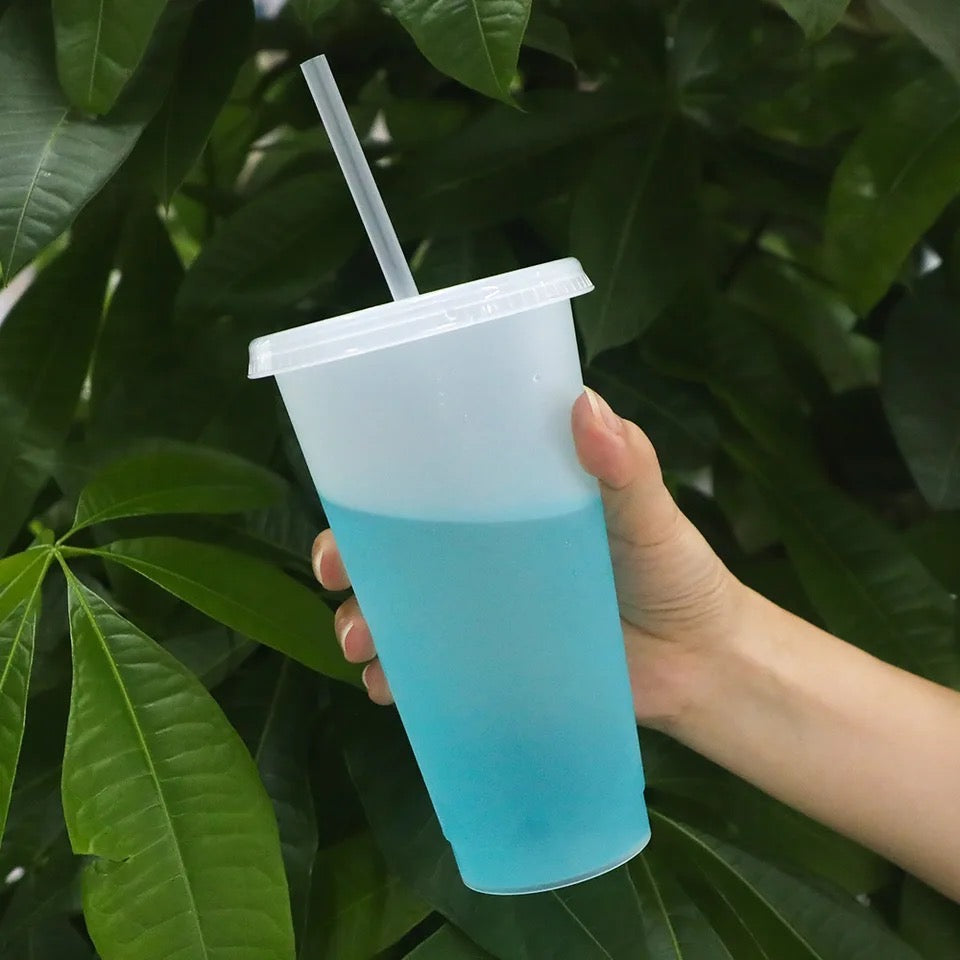 UK Blank No Logo Colour Changing Cold Cup Tumbler - Clear with lid and start 24oz, Next Day Dispatch, Bulk, Wholesale